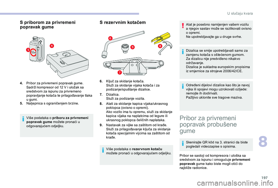 CITROEN BERLINGO VAN 2019 Upute Za Rukovanje (in Croatian) 197
S priborom za privremeni
popravak gume
4.Pribor za privremeni popravak gume.
Sadrži kompresor od 12
V i uložak sa
sredstvom za ispunu za privremeno
popravljanje kotača te prilagođavanje t CITROEN BERLINGO VAN 2019 Upute Za Rukovanje (in Croatian) 197
S priborom za privremeni
popravak gume
4.Pribor za privremeni popravak gume.
Sadrži kompresor od 12
V i uložak sa
sredstvom za ispunu za privremeno
popravljanje kotača te prilagođavanje t