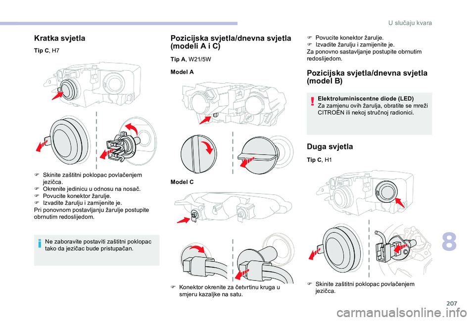 CITROEN BERLINGO VAN 2019 Upute Za Rukovanje (in Croatian) 207
Kratka svjetla
Tip C, H7
F
S
kinite zaštitni poklopac povlačenjem
jezičca.
F
O
krenite jedinicu u odnosu na nosač.
F
P
ovucite konektor žarulje.
F
I
zvadite žarulju i zamijenite CITROEN BERLINGO VAN 2019 Upute Za Rukovanje (in Croatian) 207
Kratka svjetla
Tip C, H7
F
S
kinite zaštitni poklopac povlačenjem
jezičca.
F
O
krenite jedinicu u odnosu na nosač.
F
P
ovucite konektor žarulje.
F
I
zvadite žarulju i zamijenite