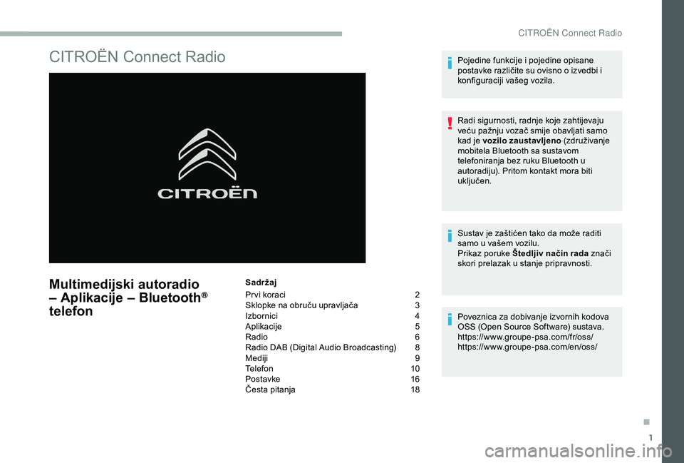CITROEN BERLINGO VAN 2019 Upute Za Rukovanje (in Croatian) 1
CITROËN Connect Radio
Multimedijski autoradio
– Aplikacije – Bluetooth®
telefon
Sadržaj
Pr vi koraci
2
S
klopke na obruču upravljača
3
I
zbornici
4
A
plikacije
5
R
adio
6
R
a CITROEN BERLINGO VAN 2019 Upute Za Rukovanje (in Croatian) 1
CITROËN Connect Radio
Multimedijski autoradio
– Aplikacije – Bluetooth®
telefon
Sadržaj
Pr vi koraci
2
S
klopke na obruču upravljača
3
I
zbornici
4
A
plikacije
5
R
adio
6
R
a