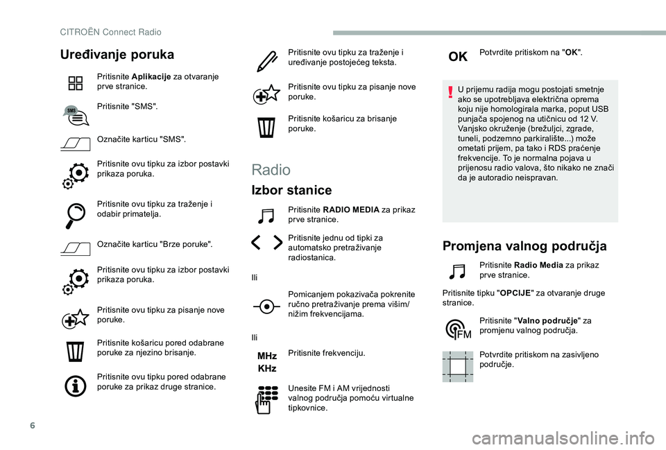 CITROEN BERLINGO VAN 2019  Upute Za Rukovanje (in Croatian) 6
Uređivanje poruka
Pritisnite Aplikacije  za otvaranje 
pr ve stranice.
Pritisnite "SMS".
Označite karticu "SMS".
Pritisnite ovu tipku za izbor postavki 
prikaza poruka.
Pritisnite 