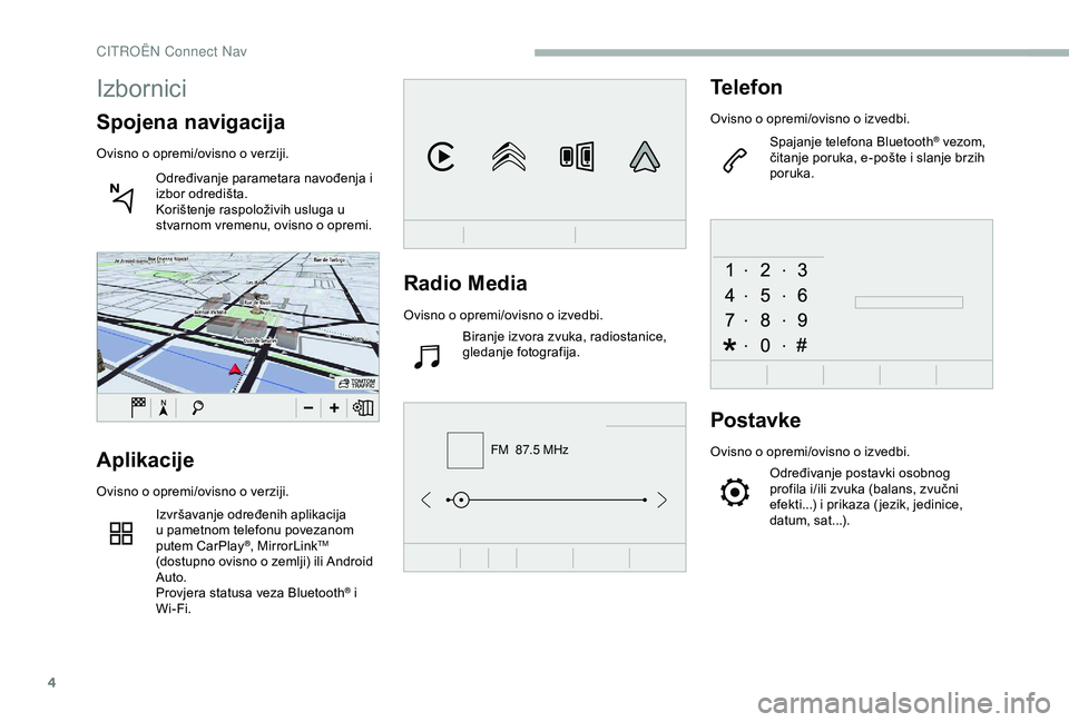 CITROEN BERLINGO VAN 2019  Upute Za Rukovanje (in Croatian) 4
FM  87.5 MHz
Radio Media
Ovisno o opremi/ovisno o izvedbi.Biranje izvora zvuka, radiostanice, 
gledanje fotografija.
Telefon
Ovisno o opremi/ovisno o izvedbi.
Spajanje telefona Bluetooth
® vezom, 
