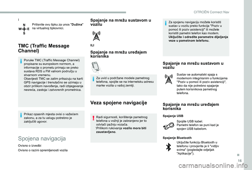 CITROEN BERLINGO VAN 2019  Upute Za Rukovanje (in Croatian) 15
IPritisnite ovu tipku za unos " Dužina" 
na virtualnoj tipkovnici.
TMC (Traffic Message 
Channel)
Poruke TMC (Traffic Message Channel) 
propisane su europskom normom, a 
informacije o prom