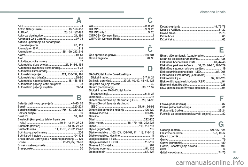 CITROEN BERLINGO VAN 2019  Upute Za Rukovanje (in Croatian) 227
AABS ............................................................................94
Active Safety Brake  .................................... 18,
  15 6 -15 8
AdBlue
® ...........................