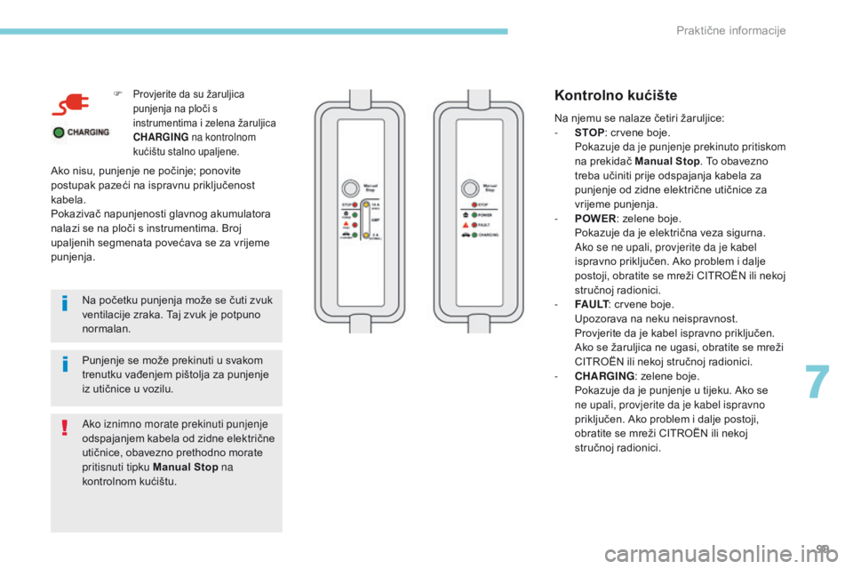 CITROEN C-ZERO 2017  Upute Za Rukovanje (in Croatian) 99
F Provjerite da su žaruljica 
punjenja na ploči s 
instrumentima i zelena žaruljica 
CHARGING na kontrolnom 
kućištu stalno upaljene.
Na početku punjenja može se čuti zvuk 
ventilacije zrak CITROEN C-ZERO 2017  Upute Za Rukovanje (in Croatian) 99
F Provjerite da su žaruljica 
punjenja na ploči s 
instrumentima i zelena žaruljica 
CHARGING na kontrolnom 
kućištu stalno upaljene.
Na početku punjenja može se čuti zvuk 
ventilacije zrak