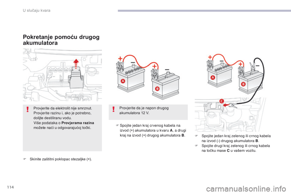 CITROEN C-ZERO 2017  Upute Za Rukovanje (in Croatian) 114
C-Zero_hr_Chap08_en-cas-de-panne_ed01-2016
F Skinite zaštitni poklopac stezaljke (+).F  
S
 pojite jedan kraj crvenog kabela na 
izvod (+) akumulatora u kvaru A , a drugi 
kraj na izvod (+) drugo