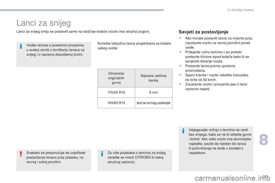 CITROEN C-ZERO 2017  Upute Za Rukovanje (in Croatian) 125
C-Zero_hr_Chap08_en-cas-de-panne_ed01-2016
Lanci za snijeg
Lanci za snijeg smiju se postaviti samo na stražnje kotače (vozilo ima stražnji pogon).Svakako se preporučuje da uvježbate 
postavlj