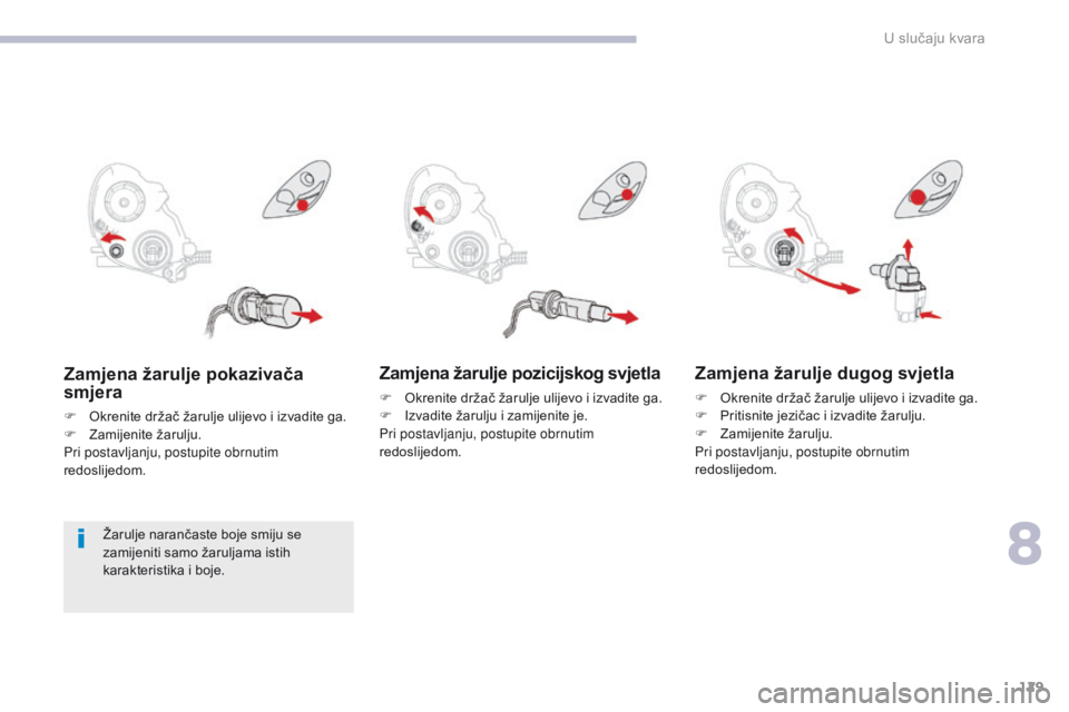 CITROEN C-ZERO 2017  Upute Za Rukovanje (in Croatian) 129
C-Zero_hr_Chap08_en-cas-de-panne_ed01-2016
Zamjena žarulje pozicijskog svjetla
F Okrenite držač žarulje ulijevo i izvadite ga.
F I zvadite žarulju i zamijenite je.
Pri postavljanju, postupite CITROEN C-ZERO 2017  Upute Za Rukovanje (in Croatian) 129
C-Zero_hr_Chap08_en-cas-de-panne_ed01-2016
Zamjena žarulje pozicijskog svjetla
F Okrenite držač žarulje ulijevo i izvadite ga.
F I zvadite žarulju i zamijenite je.
Pri postavljanju, postupite