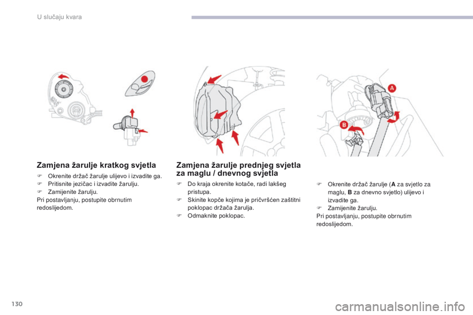 CITROEN C-ZERO 2017  Upute Za Rukovanje (in Croatian) 130
C-Zero_hr_Chap08_en-cas-de-panne_ed01-2016
Zamjena žarulje kratkog svjetla
F Okrenite držač žarulje ulijevo i izvadite ga.
F P ritisnite jezičac i izvadite žarulju.
F
 
Z
 amijenite žarulju CITROEN C-ZERO 2017  Upute Za Rukovanje (in Croatian) 130
C-Zero_hr_Chap08_en-cas-de-panne_ed01-2016
Zamjena žarulje kratkog svjetla
F Okrenite držač žarulje ulijevo i izvadite ga.
F P ritisnite jezičac i izvadite žarulju.
F
 
Z
 amijenite žarulju
