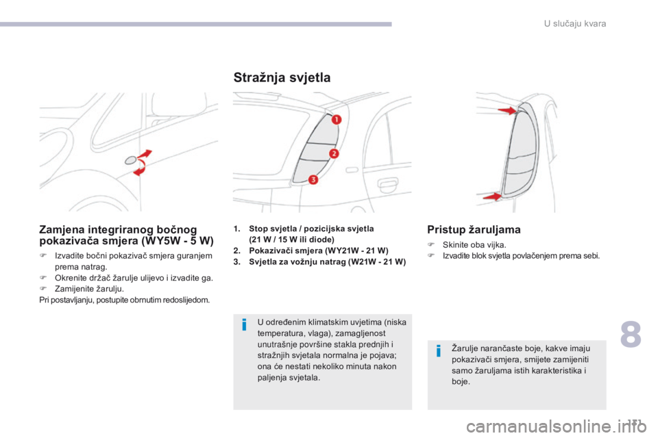 CITROEN C-ZERO 2017  Upute Za Rukovanje (in Croatian) 131
C-Zero_hr_Chap08_en-cas-de-panne_ed01-2016
1. Stop svjetla / pozicijska svjetla  (21   W / 15   W ili diode)
2.
 P
okazivači smjera (W Y21W - 21   W)
3.
 S
vjetla za vožnju natrag (W21W - 21   CITROEN C-ZERO 2017  Upute Za Rukovanje (in Croatian) 131
C-Zero_hr_Chap08_en-cas-de-panne_ed01-2016
1. Stop svjetla / pozicijska svjetla  (21   W / 15   W ili diode)
2.
 P
okazivači smjera (W Y21W - 21   W)
3.
 S
vjetla za vožnju natrag (W21W - 21