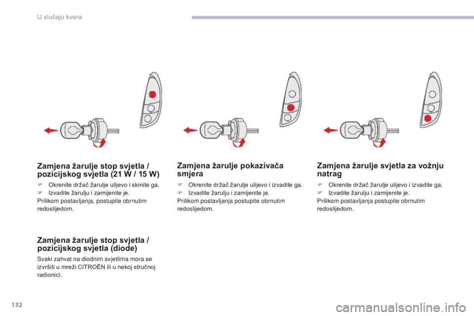 CITROEN C-ZERO 2017  Upute Za Rukovanje (in Croatian) 132
C-Zero_hr_Chap08_en-cas-de-panne_ed01-2016
Zamjena žarulje pokazivača 
smjera
Zamjena žarulje stop svjetla / 
pozicijskog svjetla (diode)
Svaki zahvat na diodnim svjetlima mora se 
izvršiti u 