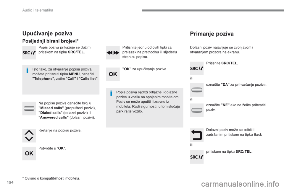 CITROEN C-ZERO 2017  Upute Za Rukovanje (in Croatian) 154
C-Zero_hr_Chap10a_RDE2_ed01-2016
Primanje poziva
Dolazni poziv najavljuje se zvonjavom i 
otvaranjem prozora na ekranu.
Isto tako, za otvaranje popisa poziva 
možete pritisnuti tipku MENU , ozna