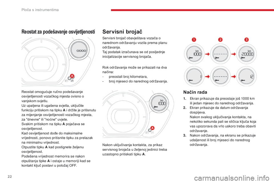 CITROEN C-ZERO 2017 Upute Za Rukovanje (in Croatian) 22
C-Zero_hr_Chap01_instruments-de-bord_ed01-2016
Servisni brojač
Nakon uključivanja kontakta, za prikaz
servisnog brojača u željenoj jedinici treba
uzastopno pritiskati tipku A.
Rok održavanja CITROEN C-ZERO 2017 Upute Za Rukovanje (in Croatian) 22
C-Zero_hr_Chap01_instruments-de-bord_ed01-2016
Servisni brojač
Nakon uključivanja kontakta, za prikaz
servisnog brojača u željenoj jedinici treba
uzastopno pritiskati tipku A.
Rok održavanja