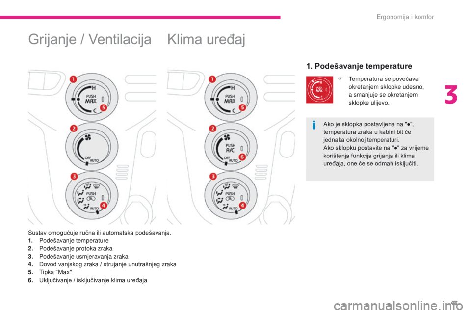 CITROEN C-ZERO 2017  Upute Za Rukovanje (in Croatian) 43
C-Zero_hr_Chap03_ergonomie-et-confort_ed01-2016
Klima uređaj
1. Podešavanje temperature
F Temperatura se povećava okretanjem sklopke udesno, 
a smanjuje se okretanjem 
sklopke ulijevo.
Sustav om CITROEN C-ZERO 2017  Upute Za Rukovanje (in Croatian) 43
C-Zero_hr_Chap03_ergonomie-et-confort_ed01-2016
Klima uređaj
1. Podešavanje temperature
F Temperatura se povećava okretanjem sklopke udesno, 
a smanjuje se okretanjem 
sklopke ulijevo.
Sustav om