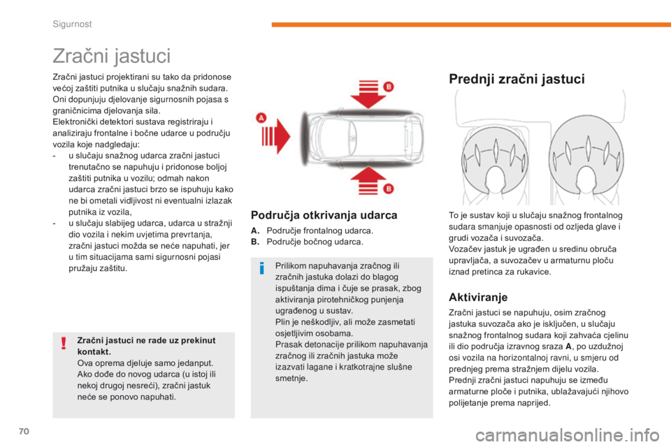 CITROEN C-ZERO 2017  Upute Za Rukovanje (in Croatian) 70
C-Zero_hr_Chap05_securite_ed01-2016
Zračni jastuci
Zračni jastuci projektirani su tako da pridonose 
većoj zaštiti putnika u slučaju snažnih sudara. 
Oni dopunjuju djelovanje sigurnosnih poja CITROEN C-ZERO 2017  Upute Za Rukovanje (in Croatian) 70
C-Zero_hr_Chap05_securite_ed01-2016
Zračni jastuci
Zračni jastuci projektirani su tako da pridonose 
većoj zaštiti putnika u slučaju snažnih sudara. 
Oni dopunjuju djelovanje sigurnosnih poja
