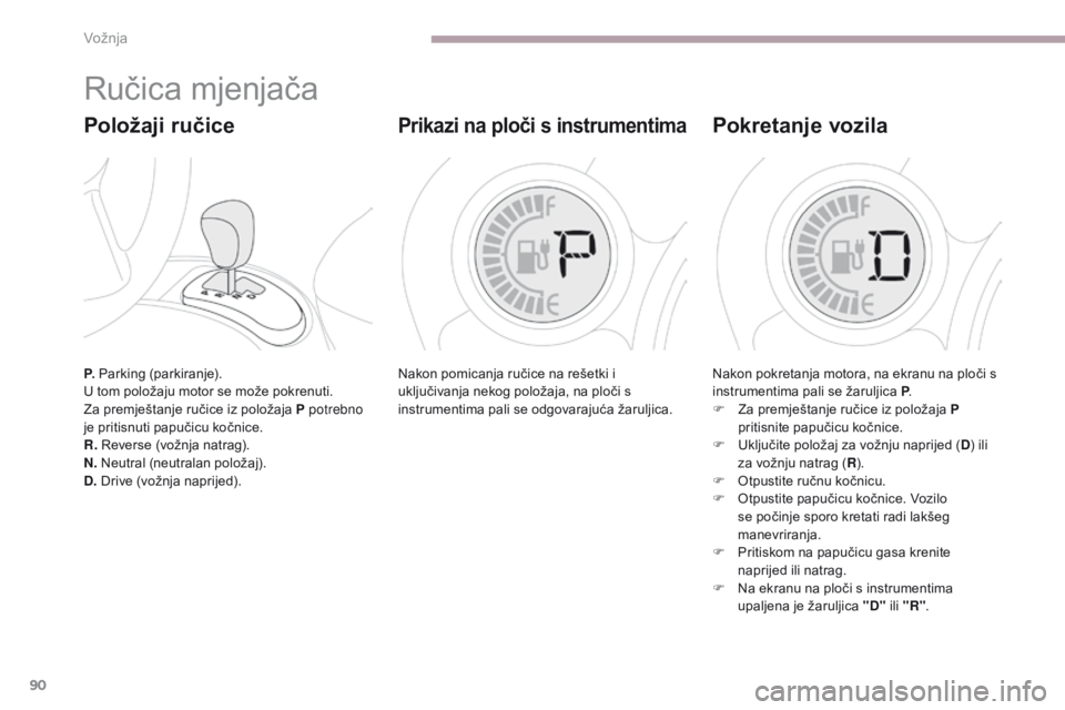 CITROEN C-ZERO 2017  Upute Za Rukovanje (in Croatian) 90
C-Zero_hr_Chap06_conduite_ed01-2016
P. Parking (parkiranje).
U tom položaju motor se može pokrenuti.
Za premještanje ručice iz položaja P potrebno 
je pritisnuti papučicu kočnice.
R.  Revers