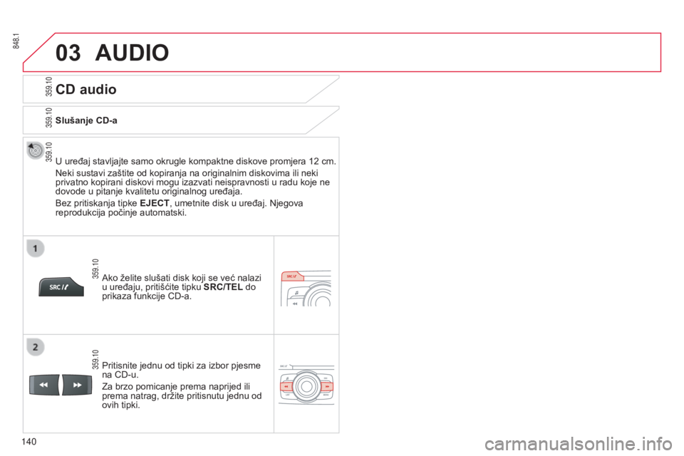 CITROEN C-ZERO 2016  Upute Za Rukovanje (in Croatian) 03
359.10
359.10
359.10
359.10 359.10
848.1
140
C-zero_hr_Chap11b_rde2_ed01-2014
CD audio
U uređaj stavljajte samo okrugle kompaktne diskove promjera 12 cm.
n

eki sustavi zaštite od kopiranja na or