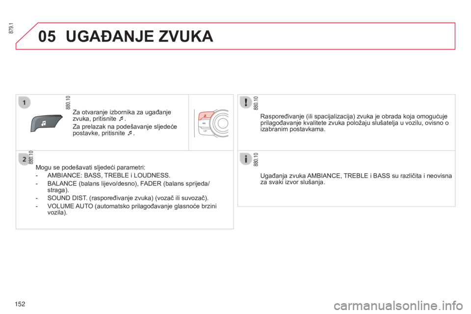CITROEN C-ZERO 2016  Upute Za Rukovanje (in Croatian) 05
880.10
880.10
880.10
880.10 879.1
152
C-zero_hr_Chap11b_rde2_ed01-2014
za otvaranje izbornika za ugađanje 
zvuka, pritisnite  ¯.
z

a prelazak na podešavanje sljedeće 
postavke, pritisnite  ¯.