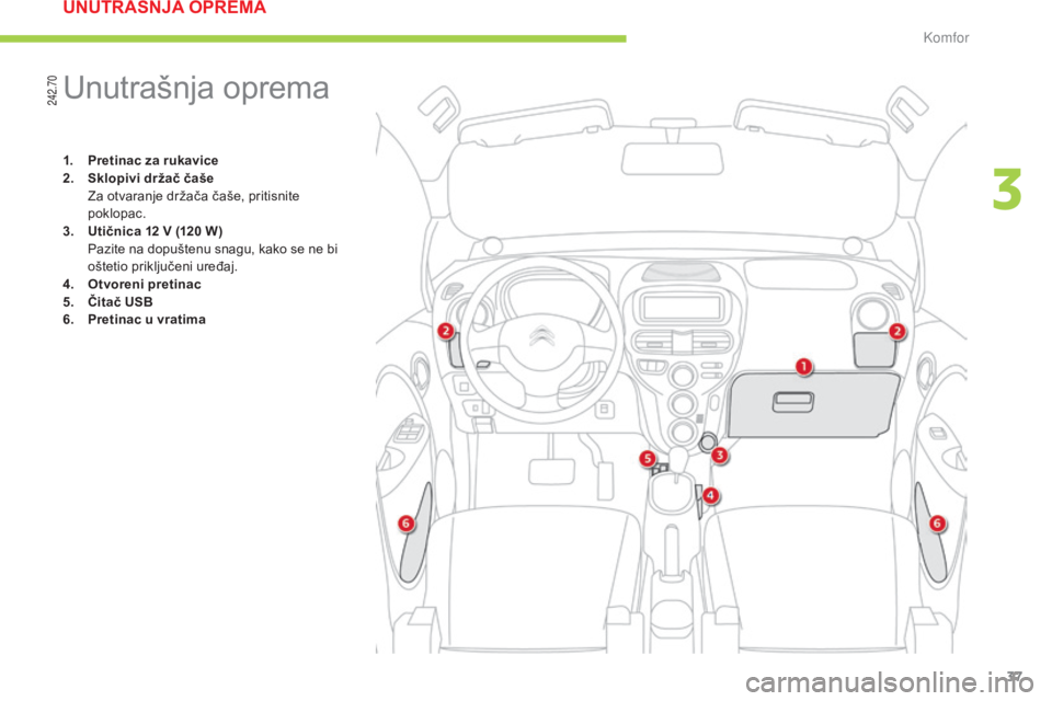 CITROEN C-ZERO 2016  Upute Za Rukovanje (in Croatian) 242.70
37
C-zero_hr_Chap03_confort_ed01-2014
Unutrašnja oprema
1. Pretinac za rukavice
2. Sklopivi držač čaše 
 

z
a o
 tvaranje držača čaše, pritisnite 
poklopac.
3.
 U

tičnica 12   V (12