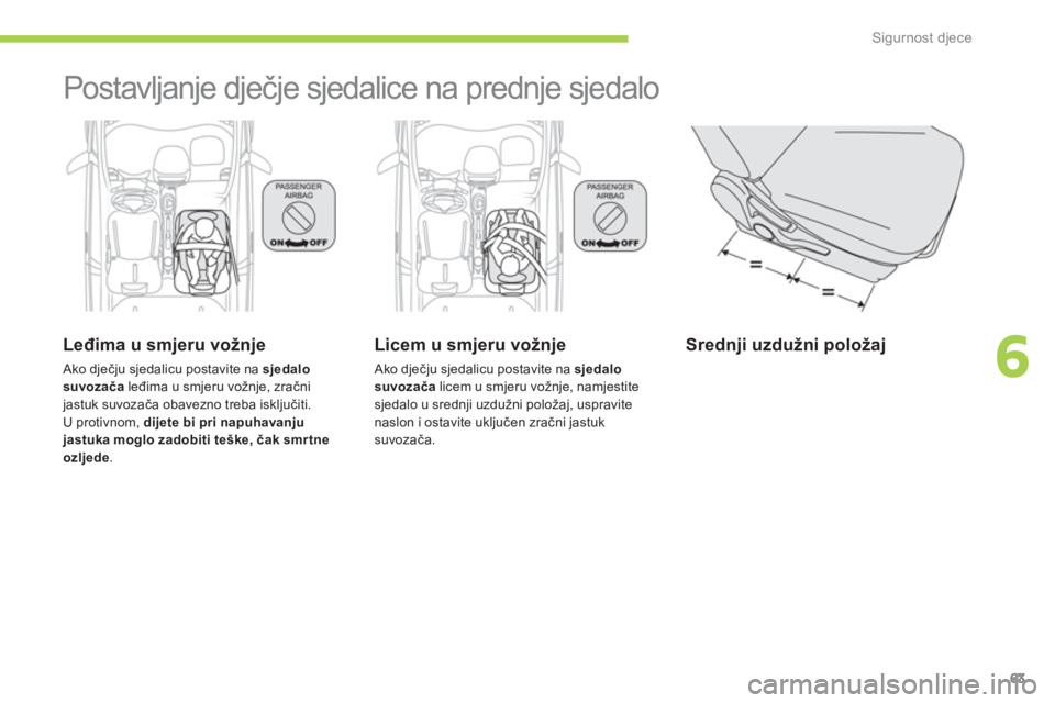 CITROEN C-ZERO 2014  Upute Za Rukovanje (in Croatian) 6
Sigurnost djece
63
  Postavljanje dječje sjedalice na prednje sjedalo  
 
 
Leđima u smjeru vožnje 
 Ako dječju sjedalicu postavite na sjedalo
suvozačaleđima u smjeru vožnje, zračnijastuk su