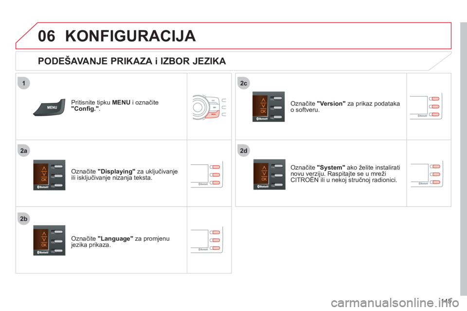 CITROEN C-ZERO 2012  Upute Za Rukovanje (in Croatian) 2d
2b
2c
06
2a
1
145
  KONFIGURACIJA 
 
 
PODEŠAVANJE PRIKAZA i IZBOR JEZIKA 
 
 
Označite  "System" 
 ako želite instalirati 
novu verziju. Raspitajte se u mreži 
CITROËN ili u nekoj stručnoj r