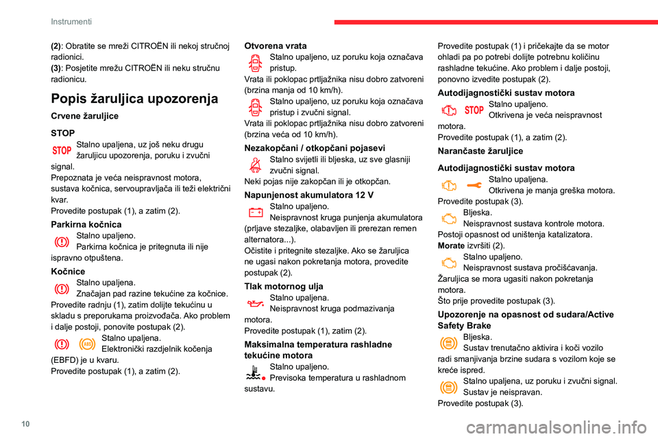 CITROEN C3 AIRCROSS 2021 Upute Za Rukovanje (in Croatian) 10
Instrumenti
(2): Obratite se mreži CITROËN ili nekoj stručnoj
radionici.
(3): Posjetite mrežu CITROËN ili neku stručnu
radionicu.
Popis žaruljica upozorenja
Crvene žaruljice
STOP
Stalno u CITROEN C3 AIRCROSS 2021 Upute Za Rukovanje (in Croatian) 10
Instrumenti
(2): Obratite se mreži CITROËN ili nekoj stručnoj
radionici.
(3): Posjetite mrežu CITROËN ili neku stručnu
radionicu.
Popis žaruljica upozorenja
Crvene žaruljice
STOP
Stalno u