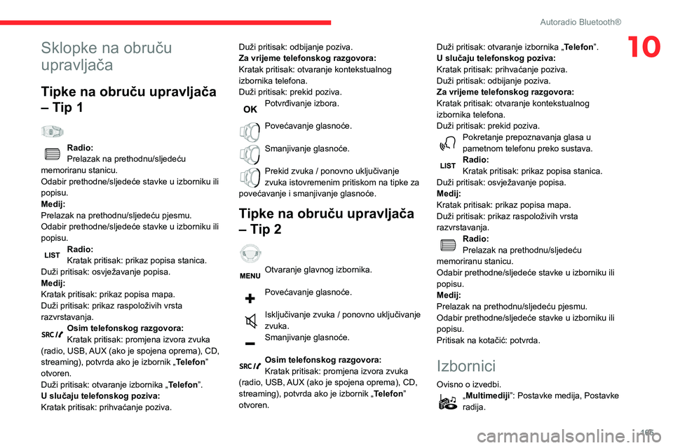 CITROEN C3 AIRCROSS 2021  Upute Za Rukovanje (in Croatian) 165
Autoradio Bluetooth®
10Sklopke na obruču 
upravljača
Tipke na obruču upravljača 
– Tip 1
  
Radio:Prelazak na prethodnu/sljedeću 
memoriranu stanicu.
Odabir prethodne/sljedeće stavke u iz