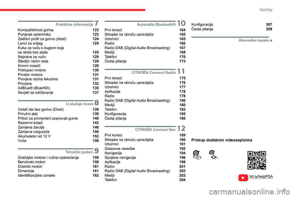 CITROEN C3 AIRCROSS 2021 Upute Za Rukovanje (in Croatian) 3
Sadržaj
bit.ly/helpPSA
7Praktične informacije
Kompatibilnost goriva 123
Punjenje spremnika 123
Zaštitni profil za gorivo (dizel) 124
Lanci za snijeg 125
Kuka za vuču s kuglom koj CITROEN C3 AIRCROSS 2021 Upute Za Rukovanje (in Croatian) 3
Sadržaj
bit.ly/helpPSA
7Praktične informacije
Kompatibilnost goriva 123
Punjenje spremnika 123
Zaštitni profil za gorivo (dizel) 124
Lanci za snijeg 125
Kuka za vuču s kuglom koj