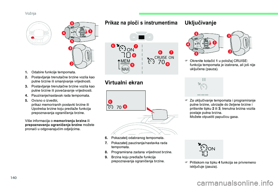 CITROEN C3 AIRCROSS 2019 Upute Za Rukovanje (in Croatian) 140
F Okrenite kotačić 1 u položaj CRUISE: funkcija tempomata je izabrana, ali još nije
uključena (pauza).
1. Odabire funkcije tempomata.
2. Postavljanje trenutačne brzine vozila kao
putne brz CITROEN C3 AIRCROSS 2019 Upute Za Rukovanje (in Croatian) 140
F Okrenite kotačić 1 u položaj CRUISE: funkcija tempomata je izabrana, ali još nije
uključena (pauza).
1. Odabire funkcije tempomata.
2. Postavljanje trenutačne brzine vozila kao
putne brz