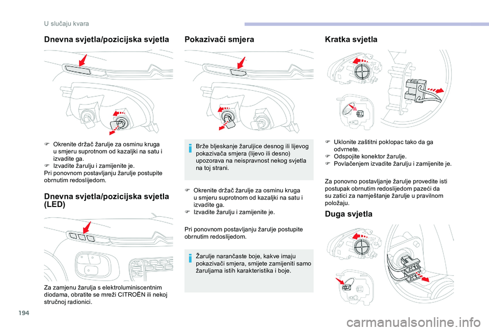 CITROEN C3 AIRCROSS 2019 Upute Za Rukovanje (in Croatian) 194
Dnevna svjetla/pozicijska svjetla
Dnevna svjetla/pozicijska svjetla
(LED)
Za zamjenu žarulja s elektroluminiscentnim
diodama, obratite se mreži CITROËN ili nekoj
stručnoj radionici. F
O
k CITROEN C3 AIRCROSS 2019 Upute Za Rukovanje (in Croatian) 194
Dnevna svjetla/pozicijska svjetla
Dnevna svjetla/pozicijska svjetla
(LED)
Za zamjenu žarulja s elektroluminiscentnim
diodama, obratite se mreži CITROËN ili nekoj
stručnoj radionici. F
O
k