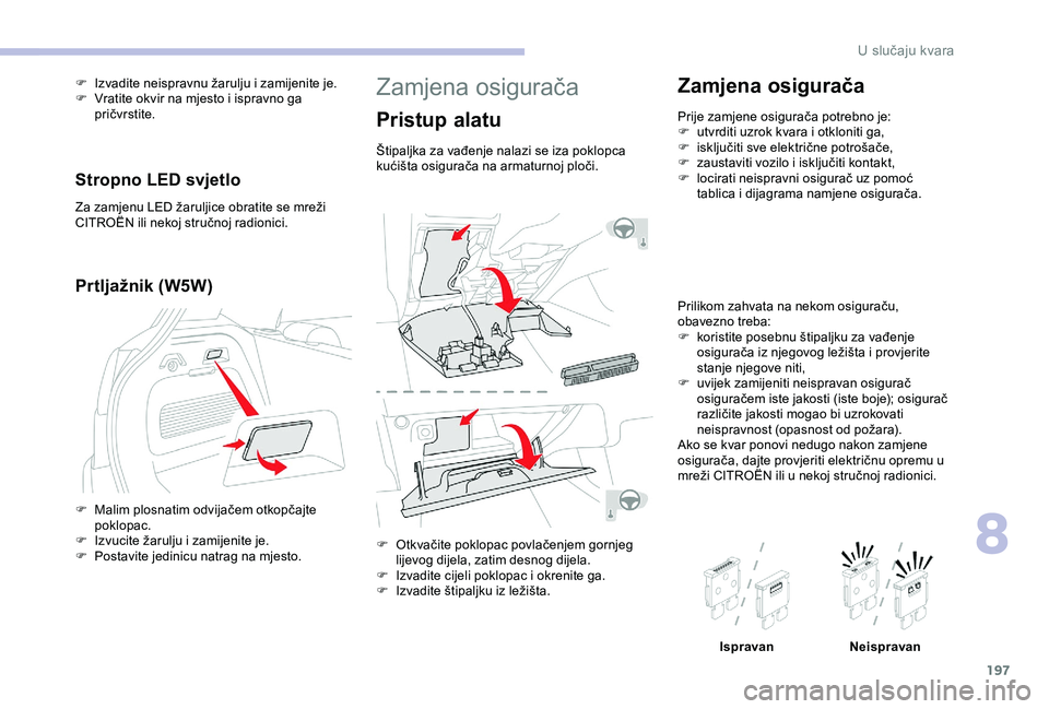 CITROEN C3 AIRCROSS 2019 Upute Za Rukovanje (in Croatian) 197
Zamjena osigurača
Pristup alatu
Štipaljka za vađenje nalazi se iza poklopca
kućišta osigurača na armaturnoj ploči.
F
O
tkvačite poklopac povlačenjem gornjeg
lijevog dijela, zatim desn CITROEN C3 AIRCROSS 2019 Upute Za Rukovanje (in Croatian) 197
Zamjena osigurača
Pristup alatu
Štipaljka za vađenje nalazi se iza poklopca
kućišta osigurača na armaturnoj ploči.
F
O
tkvačite poklopac povlačenjem gornjeg
lijevog dijela, zatim desn