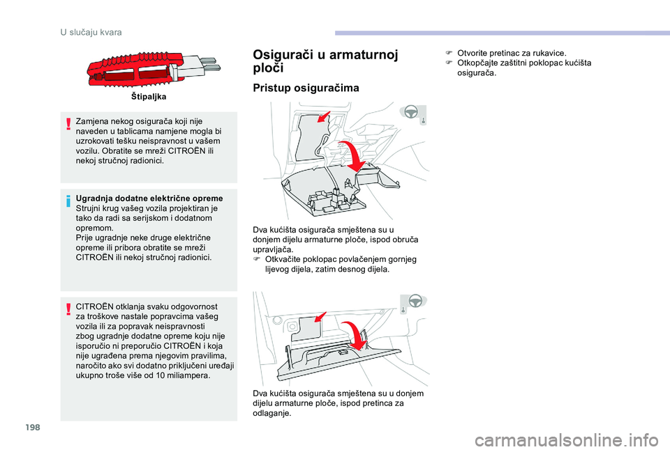CITROEN C3 AIRCROSS 2019 Upute Za Rukovanje (in Croatian) 198
Štipaljka
Zamjena nekog osigurača koji nije
naveden u tablicama namjene mogla bi
uzrokovati tešku neispravnost u vašem
vozilu. Obratite se mreži CITROËN ili
nekoj stručnoj radionici.
Ug CITROEN C3 AIRCROSS 2019 Upute Za Rukovanje (in Croatian) 198
Štipaljka
Zamjena nekog osigurača koji nije
naveden u tablicama namjene mogla bi
uzrokovati tešku neispravnost u vašem
vozilu. Obratite se mreži CITROËN ili
nekoj stručnoj radionici.
Ug