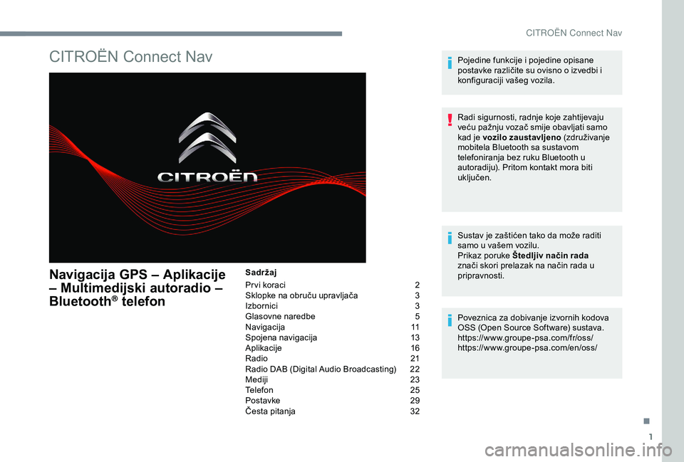 CITROEN C3 AIRCROSS 2019 Upute Za Rukovanje (in Croatian) 1
CITROËN Connect Nav
Navigacija GPS – Aplikacije
– Multimedijski autoradio –
Bluetooth
® telefon
Sadržaj
Pr vi koraci
2
S
klopke na obruču upravljača
3
I
zbornici
3
G
lasovne nare CITROEN C3 AIRCROSS 2019 Upute Za Rukovanje (in Croatian) 1
CITROËN Connect Nav
Navigacija GPS – Aplikacije
– Multimedijski autoradio –
Bluetooth
® telefon
Sadržaj
Pr vi koraci
2
S
klopke na obruču upravljača
3
I
zbornici
3
G
lasovne nare