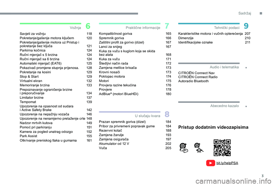 CITROEN C3 AIRCROSS 2019  Upute Za Rukovanje (in Croatian) 3
.
.
bit.ly/helpPSA
Savjeti za vožnju 118
Pokretanje/gašenje motora ključem  1 20
Pokretanje/gašenje motora uz Pristup i 
pokretanje bez ključa
 
1
 21
Parkirna kočnica
 
1
 24
Ručni mjenjač 