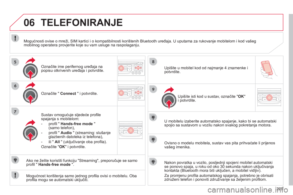 CITROEN C3 PICASSO 2015  Upute Za Rukovanje (in Croatian) 06
225
C3Picasso_hr_Chap13b_rT6-2-8_ed01-2014
TELEFONIRANJE
označite " Connect " i potvrdite.
s

ustav omogućuje sljedeće profile 
spajanja s mobitelom:
-
 
profil " 
 Hands-free mode &