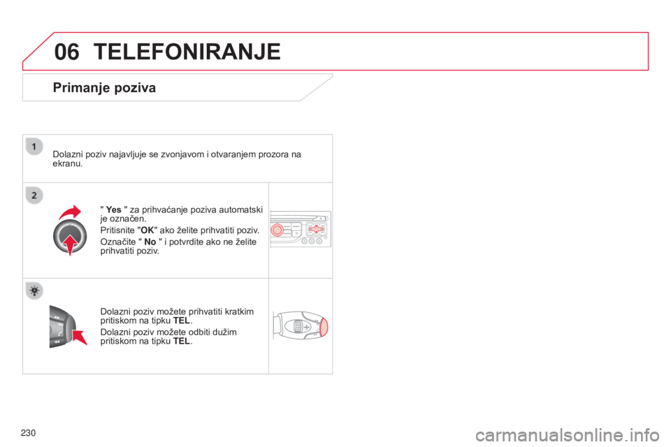 CITROEN C3 PICASSO 2015  Upute Za Rukovanje (in Croatian) 06
230
C3Picasso_hr_Chap13b_rT6-2-8_ed01-2014
TELEFONIRANJE
Primanje poziva
dolazni poziv najavljuje se zvonjavom i otvaranjem prozora na 
ekranu.
" 
Ye s " za prihvaćanje poziva automatski 
