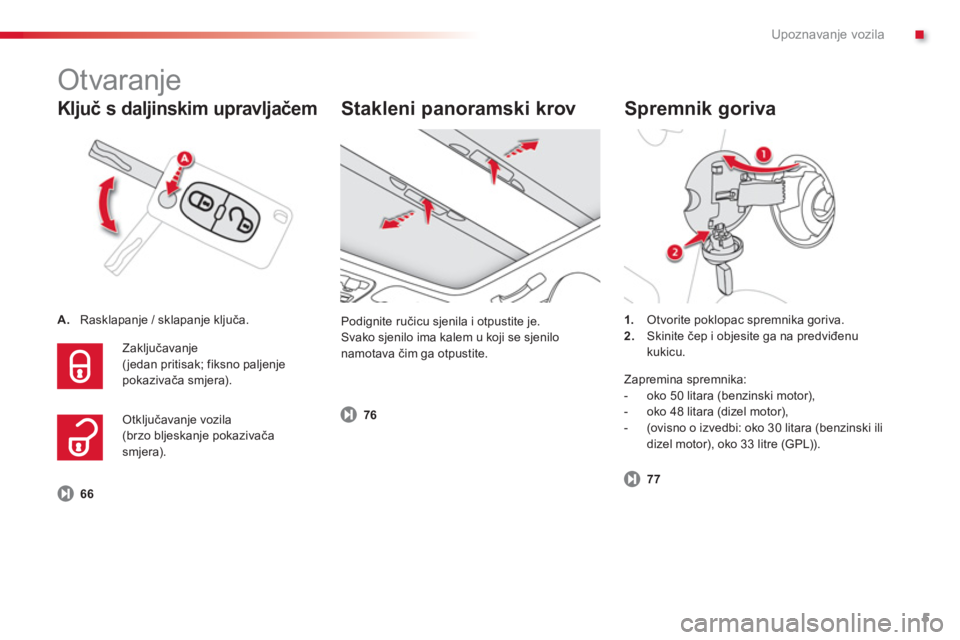 CITROEN C3 PICASSO 2014  Upute Za Rukovanje (in Croatian) .Upoznavanje vozila
5
   
Ključ s daljinskim upravljačem
A.Rasklapanje / sklapanje ključa.  
  Zakl
jučavanje  (jedan pritisak; fiksno paljenje 
pokazivača smjera). 
 
 
Stakleni panoramski krov 