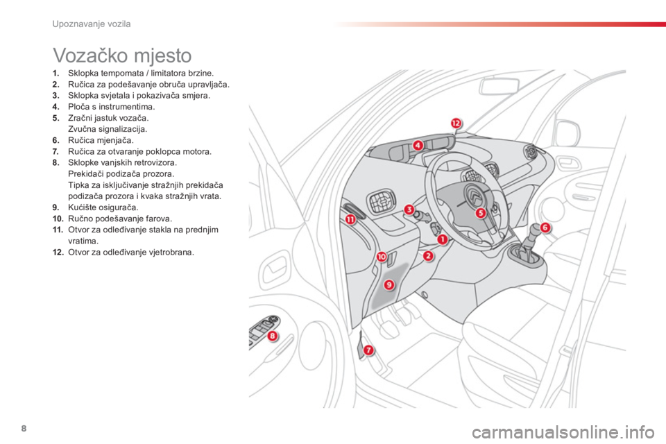 CITROEN C3 PICASSO 2014  Upute Za Rukovanje (in Croatian) Upoznavanje vozila
8
1.    Sklopka tempomata / limitatora brzine. 2. 
 Ručica za podešavanje obruča upravljača.3. 
 Sklopka svjetala i pokazivača smjera. 4. 
 Ploča s instrumentima. 5. 
 Zračni