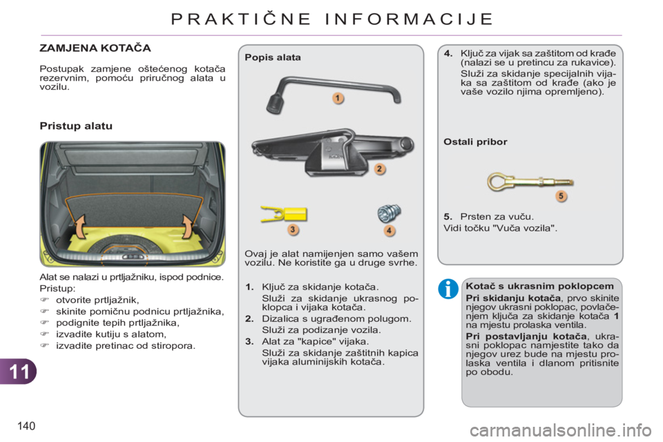 CITROEN C3 PICASSO 2012  Upute Za Rukovanje (in Croatian) 11
140
PRAKTIČNE INFORMACIJE
ZAMJENA KOTAČA 
 
Alat se nalazi u prtljažniku, ispod podnice. 
  Pristup: 
   
 
�) 
 otvorite prtljažnik, 
   
�) 
 skinite pomičnu podnicu prtljažnika, 
   
�) 
 