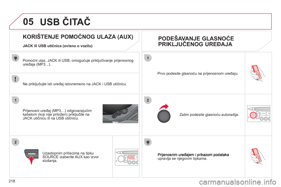 CITROEN C3 PICASSO 2012 Upute Za Rukovanje (in Croatian) 218
05
1
21
2
SOURCEupravlja se njegovim tipkama. Prvo podesite
glasnoću na prijenosnom uređaju.
Zatim podesite
glasnoću autoradija.
KORIŠTENJE POMOĆNOG CITROEN C3 PICASSO 2012 Upute Za Rukovanje (in Croatian) 218
05
1
21
2
SOURCEupravlja se njegovim tipkama. Prvo podesite
glasnoću na prijenosnom uređaju.
Zatim podesite
glasnoću autoradija.
KORIŠTENJE POMOĆNOG