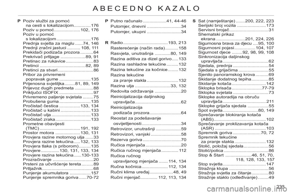 CITROEN C3 PICASSO 2012 Upute Za Rukovanje (in Croatian) 233
ABECEDNO KAZALO
P Putno računalo ..................41, 44-46
Putomjer, dnevni ..........................34
Putomjer, ukupni ..........................34
R Radio ............................... CITROEN C3 PICASSO 2012 Upute Za Rukovanje (in Croatian) 233
ABECEDNO KAZALO
P Putno računalo ..................41, 44-46
Putomjer, dnevni ..........................34
Putomjer, ukupni ..........................34
R Radio ...............................