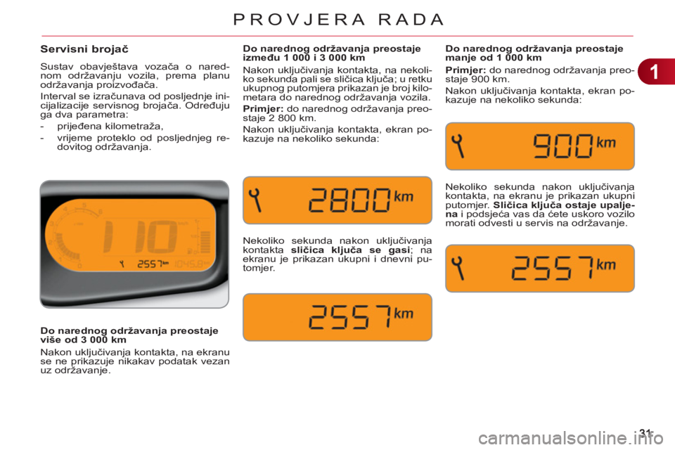 CITROEN C3 PICASSO 2012 Upute Za Rukovanje (in Croatian) 1
PROVJERA RADA
Servisni brojač
Sustav obavještava vozača o nared-
nom održavanju vozila, prema planu
održavanja proizvođača.
Interval se izračunava od posljednje ini-
cijalizacije servi CITROEN C3 PICASSO 2012 Upute Za Rukovanje (in Croatian) 1
PROVJERA RADA
Servisni brojač
Sustav obavještava vozača o nared-
nom održavanju vozila, prema planu
održavanja proizvođača.
Interval se izračunava od posljednje ini-
cijalizacije servi