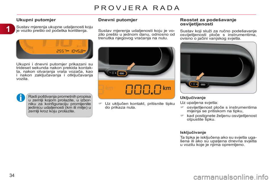 CITROEN C3 PICASSO 2012 Upute Za Rukovanje (in Croatian) 1
34
PROVJERA RADA
Ukupni putomjer
Sustav mjerenja ukupne udaljenosti koju
je vozilo prešlo od početka korištenja.
Reostat za podešavanje
osvijetljenosti
Sustav koji služi za ručno pode CITROEN C3 PICASSO 2012 Upute Za Rukovanje (in Croatian) 1
34
PROVJERA RADA
Ukupni putomjer
Sustav mjerenja ukupne udaljenosti koju
je vozilo prešlo od početka korištenja.
Reostat za podešavanje
osvijetljenosti
Sustav koji služi za ručno pode