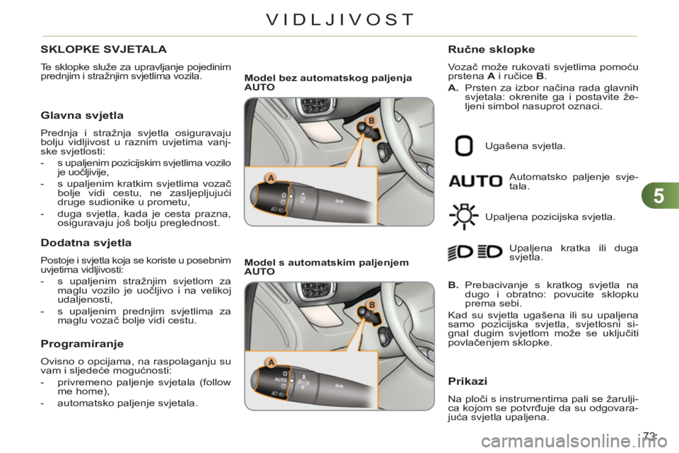 CITROEN C3 PICASSO 2012 Upute Za Rukovanje (in Croatian) 5
73
VIDLJIVOST
SKLOPKE SVJETALA
Te sklopke služe za upravljanje pojedinim
prednjim i stražnjim svjetlima vozila.
Glavna svjetla
Prednja i stražnja svjetla osiguravaju
bolju vidljivost CITROEN C3 PICASSO 2012 Upute Za Rukovanje (in Croatian) 5
73
VIDLJIVOST
SKLOPKE SVJETALA
Te sklopke služe za upravljanje pojedinim
prednjim i stražnjim svjetlima vozila.
Glavna svjetla
Prednja i stražnja svjetla osiguravaju
bolju vidljivost
