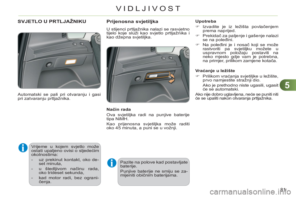 CITROEN C3 PICASSO 2012 Upute Za Rukovanje (in Croatian) 5
81
VIDLJIVOST
Vrijeme u kojem svjetlo može
ostati upaljeno ovisi o sljedećim
okolnostima:
- uz prekinut kontakt, oko de-
set minuta,
- u štedljivom načinu rada,
ok CITROEN C3 PICASSO 2012 Upute Za Rukovanje (in Croatian) 5
81
VIDLJIVOST
Vrijeme u kojem svjetlo može
ostati upaljeno ovisi o sljedećim
okolnostima:
- uz prekinut kontakt, oko de-
set minuta,
- u štedljivom načinu rada,
ok