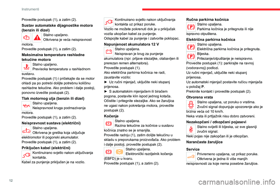 CITROEN C4 2021 Upute Za Rukovanje (in Croatian) 12
Instrumenti
Provedite postupak (1), a zatim (2).
Sustav automatske dijagnostike motora
(benzin ili dizel)
Stalno upaljeno.
Otkrivena je veća neispravnost
motora.
Provedite postupak (1), a zatim CITROEN C4 2021 Upute Za Rukovanje (in Croatian) 12
Instrumenti
Provedite postupak (1), a zatim (2).
Sustav automatske dijagnostike motora
(benzin ili dizel)
Stalno upaljeno.
Otkrivena je veća neispravnost
motora.
Provedite postupak (1), a zatim