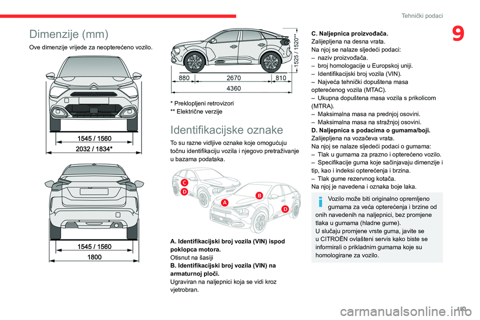 CITROEN C4 2021  Upute Za Rukovanje (in Croatian) 183
Tehnički podaci
9Dimenzije (mm)
Ove dimenzije vrijede za neopterećeno vozilo. 
 
 
 
 
 
* Preklopljeni retrovizori
** Električne verzije
Identifikacijske oznake
To su razne vidljive oznake koj