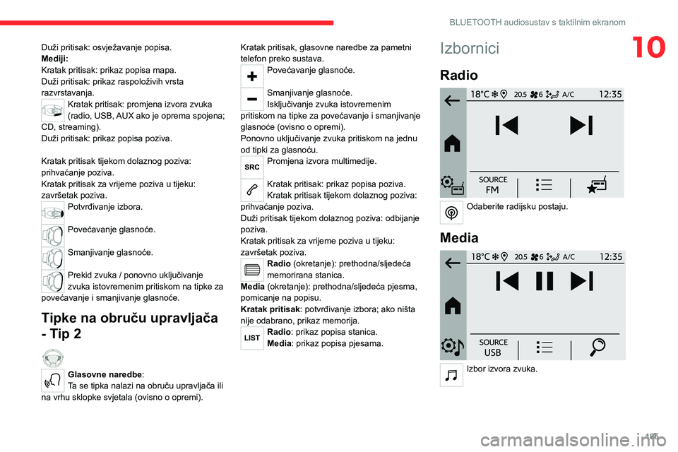 CITROEN C4 2021  Upute Za Rukovanje (in Croatian) 185
BLUETOOTH audiosustav s taktilnim ekranom
10Duži pritisak: osvježavanje popisa.
Mediji:
Kratak pritisak: prikaz popisa mapa.
Duži pritisak: prikaz raspoloživih vrsta 
razvrstavanja.
Kratak pri