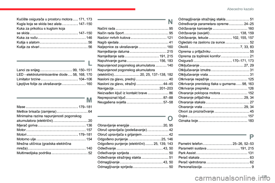 CITROEN C4 2021 Upute Za Rukovanje (in Croatian) 221
Abecedno kazalo
Kućište osigurača u prostoru motora 171, 173
Kugla koja se skida bez alata
147–150
Kuka za prikolicu s kuglom koja
se skida
147–150
Kuka za vuču
146
K CITROEN C4 2021 Upute Za Rukovanje (in Croatian) 221
Abecedno kazalo
Kućište osigurača u prostoru motora 171, 173
Kugla koja se skida bez alata
147–150
Kuka za prikolicu s kuglom koja
se skida
147–150
Kuka za vuču
146
K