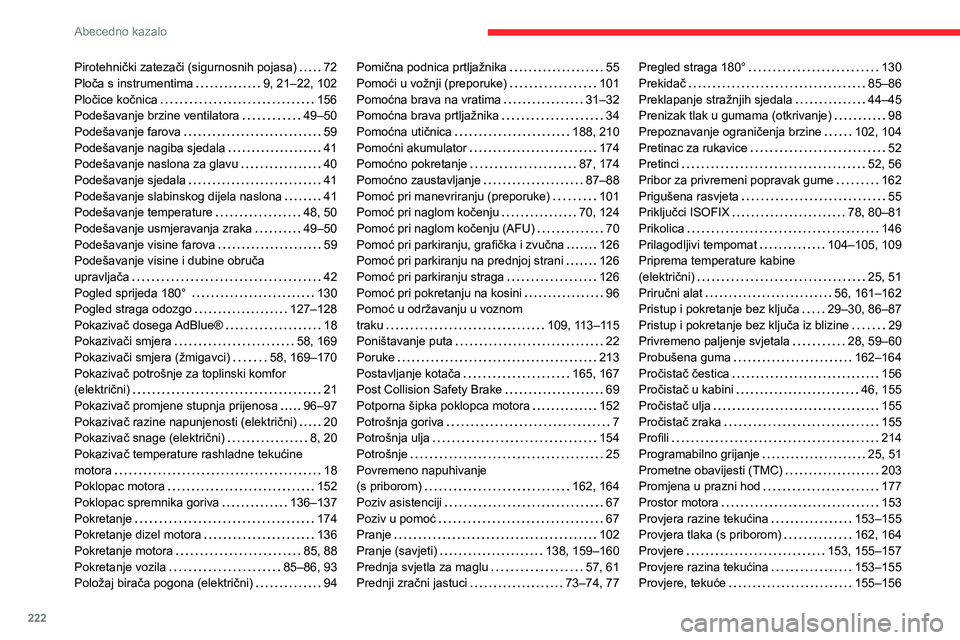 CITROEN C4 2021 Upute Za Rukovanje (in Croatian) 222
Abecedno kazalo
Pirotehnički zatezači (sigurnosnih pojasa) 72
Ploča s instrumentima
9, 21–22, 102
Pločice kočnica
156
Podešavanje brzine ventilatora
49–50
Podešavanje CITROEN C4 2021 Upute Za Rukovanje (in Croatian) 222
Abecedno kazalo
Pirotehnički zatezači (sigurnosnih pojasa) 72
Ploča s instrumentima
9, 21–22, 102
Pločice kočnica
156
Podešavanje brzine ventilatora
49–50
Podešavanje