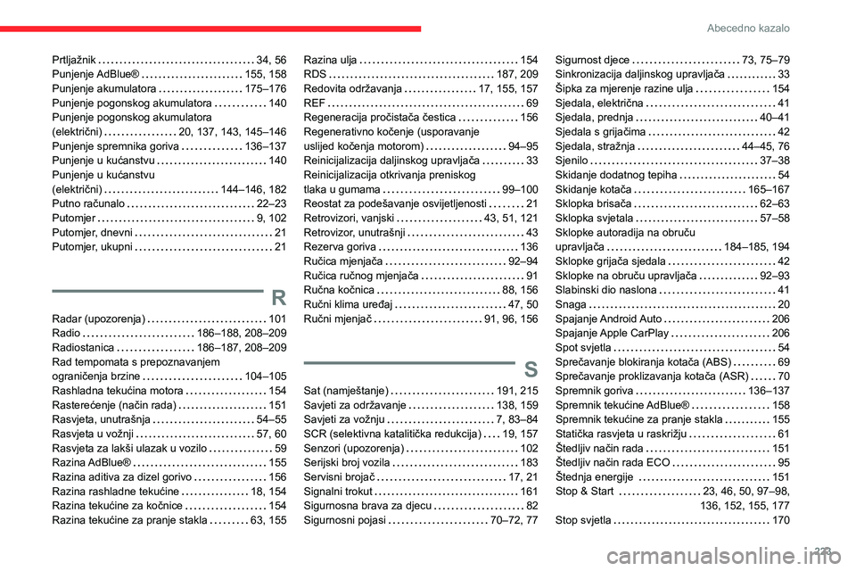 CITROEN C4 2021 Upute Za Rukovanje (in Croatian) 223
Abecedno kazalo
Prtljažnik 34, 56
Punjenje AdBlue®
155, 158
Punjenje akumulatora
175–176
Punjenje pogonskog akumulatora
140
Punjenje pogonskog akumulatora
(električni)
CITROEN C4 2021 Upute Za Rukovanje (in Croatian) 223
Abecedno kazalo
Prtljažnik 34, 56
Punjenje AdBlue®
155, 158
Punjenje akumulatora
175–176
Punjenje pogonskog akumulatora
140
Punjenje pogonskog akumulatora
(električni)